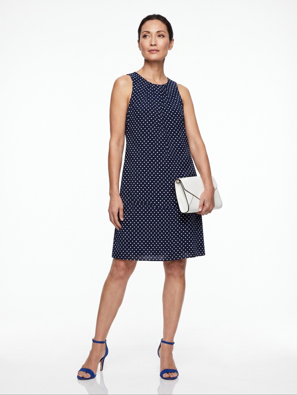 Alfani Navy Blue White Polka Dot Sleeveless High Neck Halter Swing Dress Sz 12